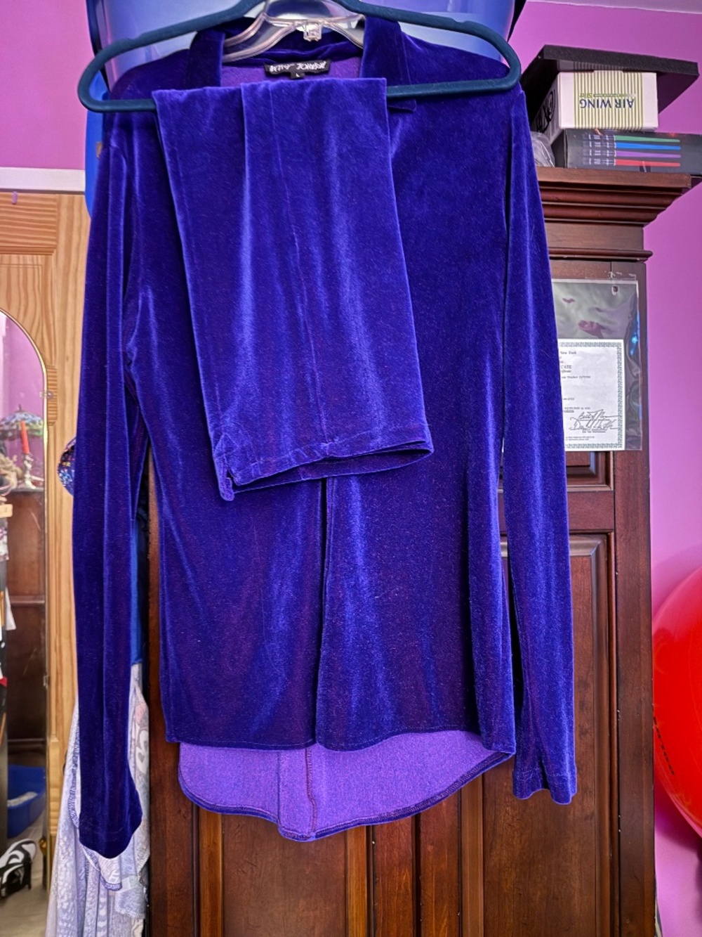 Vintage 90s Betsey Johnson Purple Stretch Velvet Jacket & Pencil Skirt Set Large